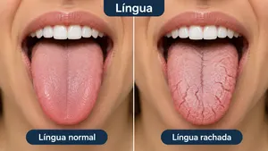 Língua com fissuras visíveis, condição conhecida como língua fissurada