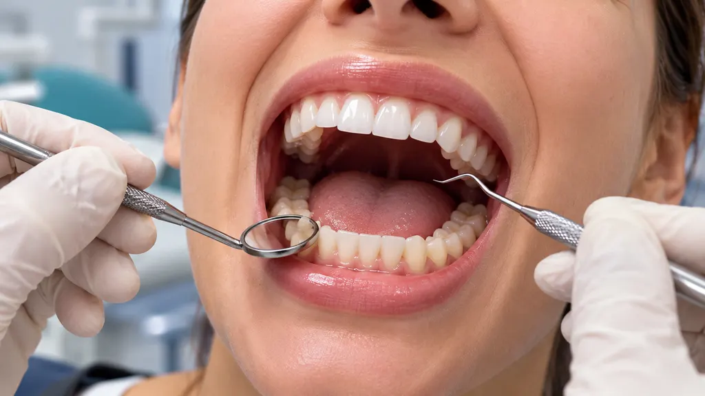 Dentista examinando os dentes de uma paciente com espelho clínico e sonda