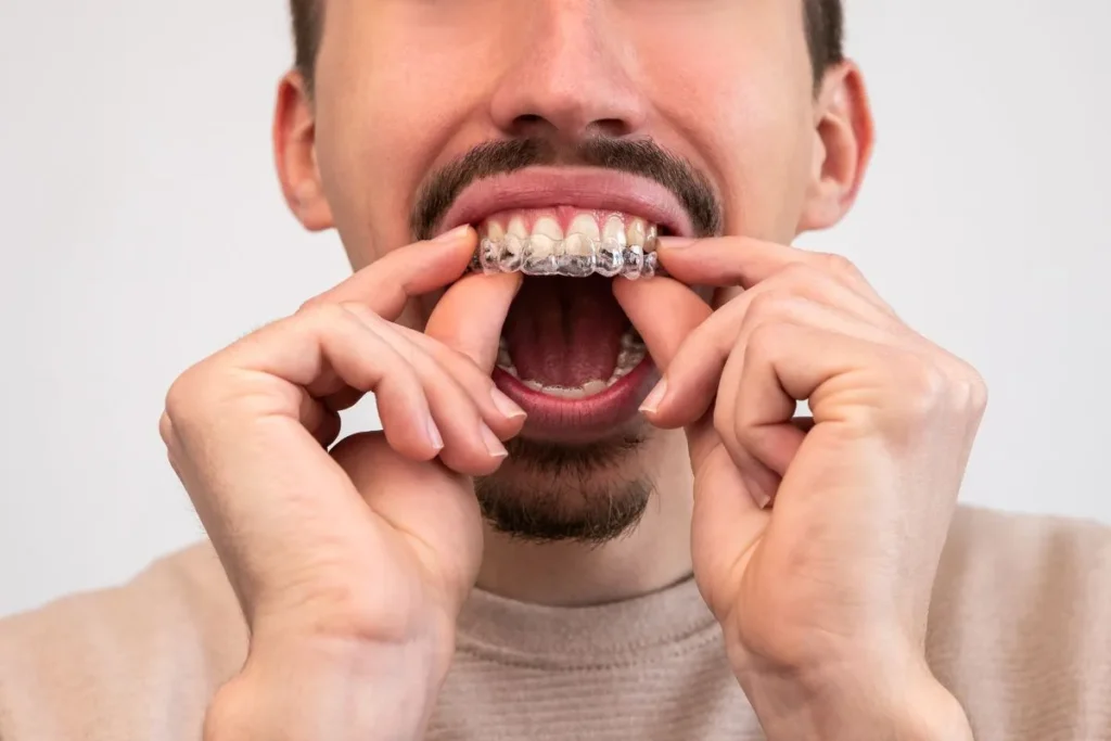 Homem colocando alinhador invisível nos dentes – tempo de tratamento com alinhadores invisíveis