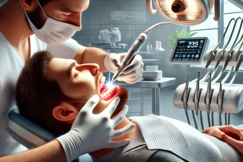 Imagem de um dentista examinando as gengivas de um paciente com precisão, destacando o cuidado profissional durante um procedimento de gengivectomia.