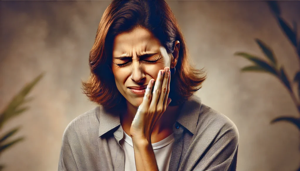 Mulher segurando o queixo em sinal de dor, aparentando desconforto devido a dor de dente, enquanto pesquisa sobre remédios em um ambiente doméstico.