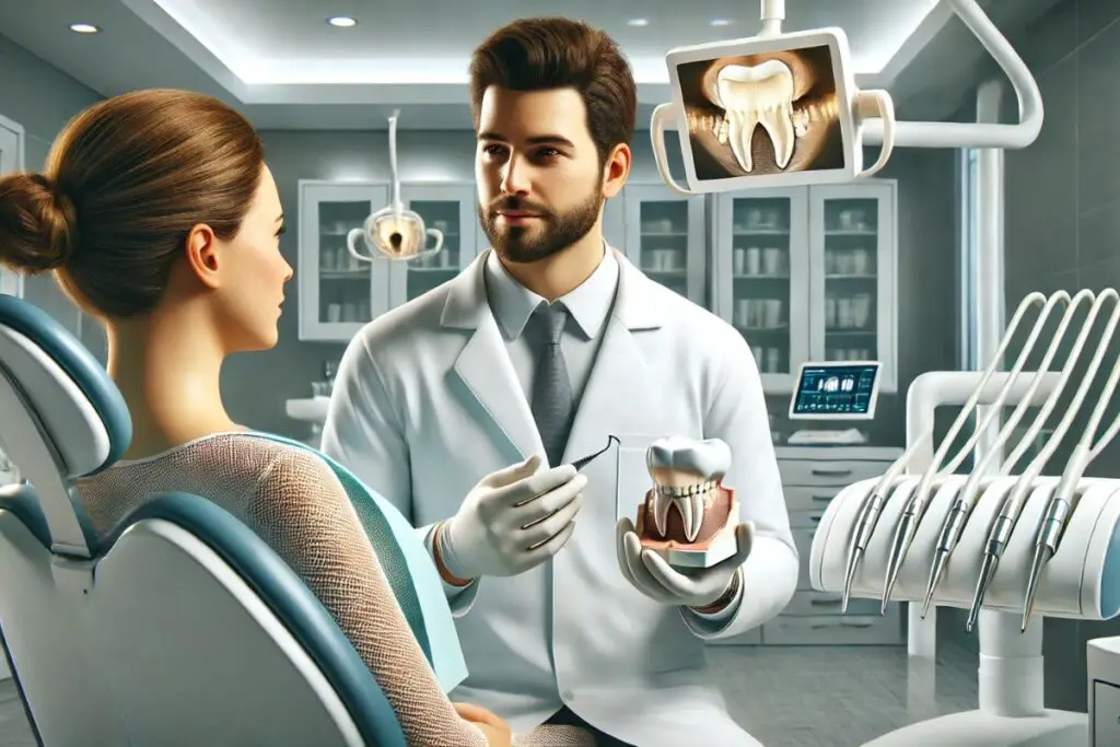 Dentista explicando sobre o tratamento de canal para um paciente em um consultório moderno e iluminado, com equipamentos odontológicos ao fundo.